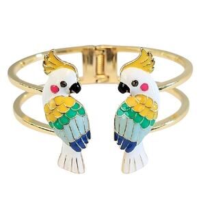 Talbots Goldtone Double Parrot Colorful Enamel Design Cuff Spring Back Bracelet